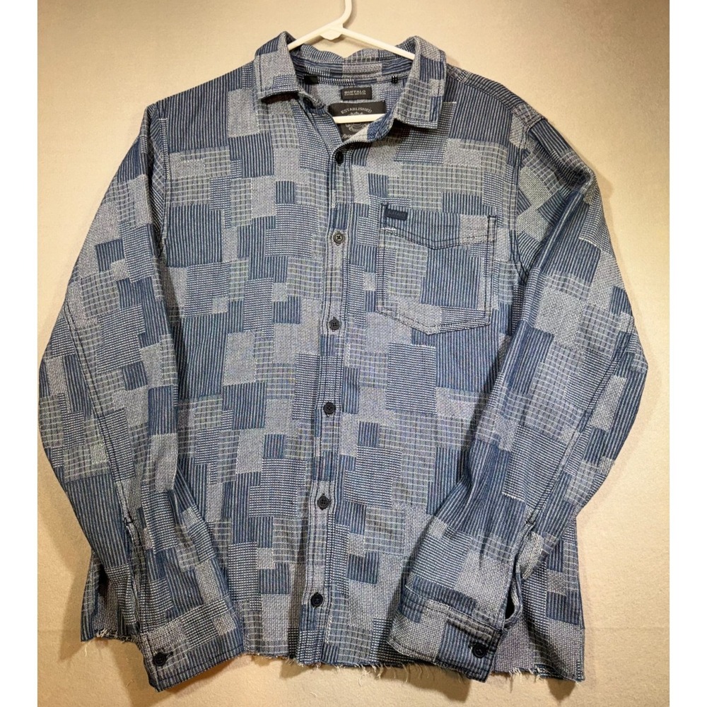 Buffalo David Bitton Shirt Mens Blue Patchwork Button Up Raw Hem Long Sleeve